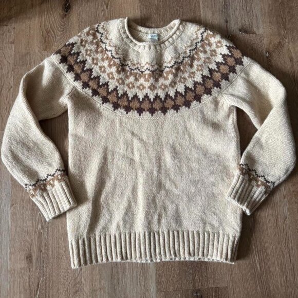 LL Bean Women’s Cream/Brown Fair Isle Crew Neck Sweater Size M - Picture 1 of 5